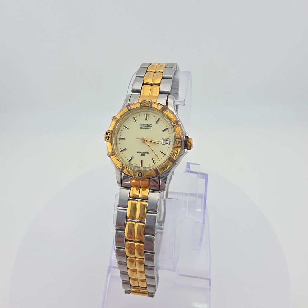 Vtg SEIKO Sport 50 Ladies Watch 7N82-026 Diver Rotating Bezel Date Gold Plate 6"
